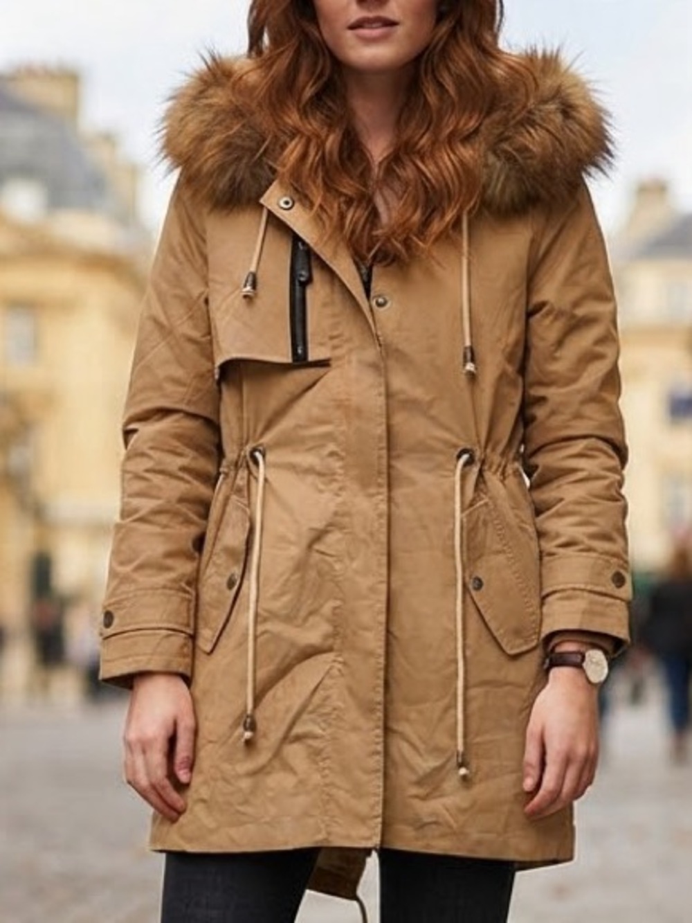 Women's Tan Parka with Fox Fur Trim